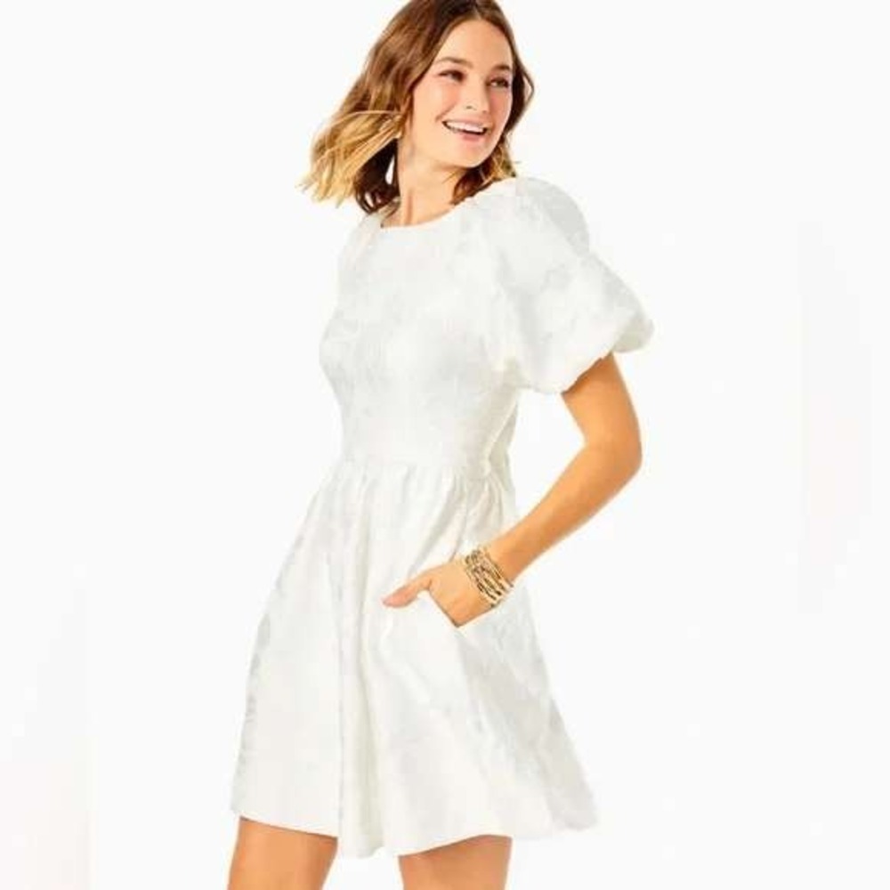 Lilly Pulitzer Size 16 White Silk Blend Knoxlie Dress Puff Sleeve Jaquared